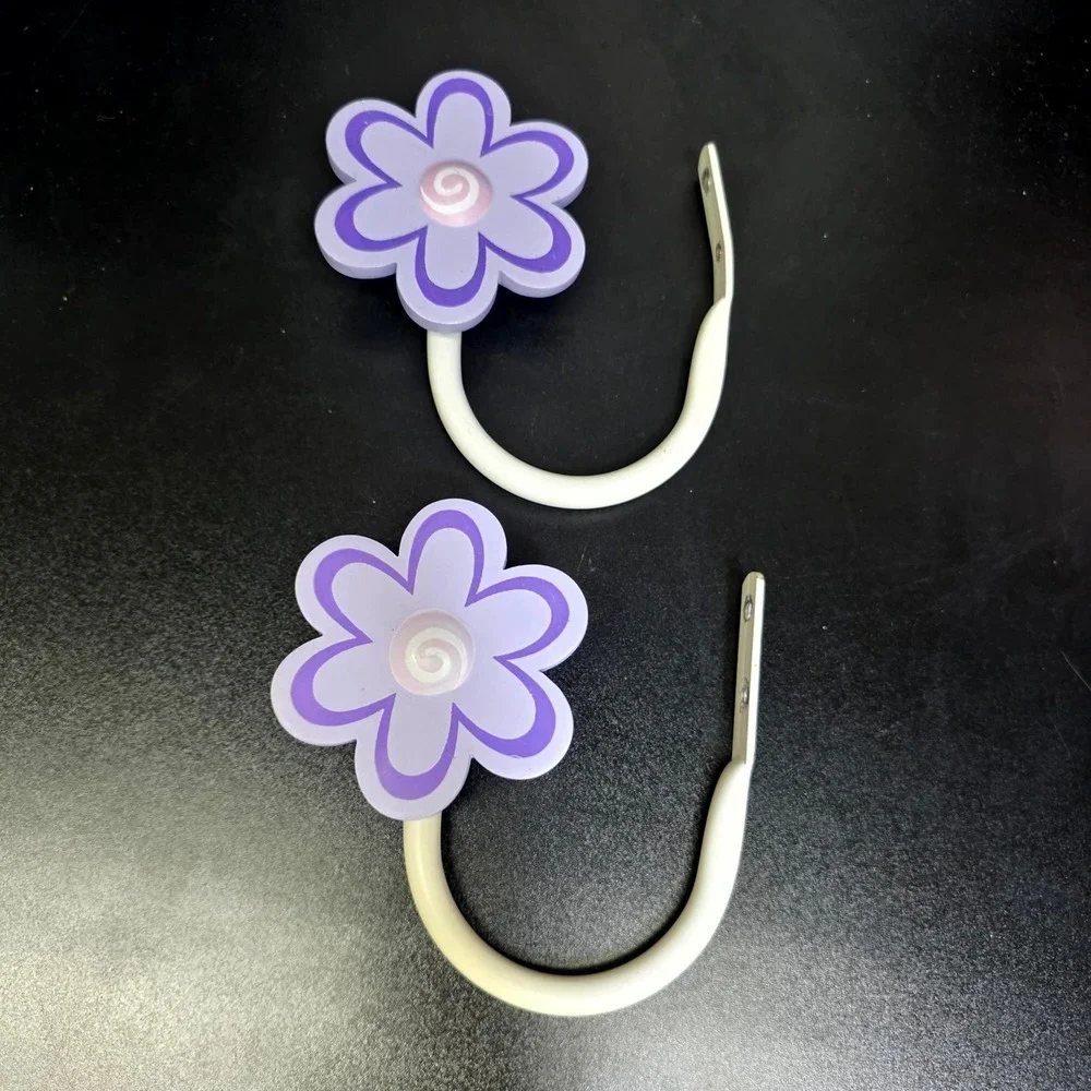 Flower Curtain Tieback Hooks Kids OS Purple Floral Wall Mount 2pc Set